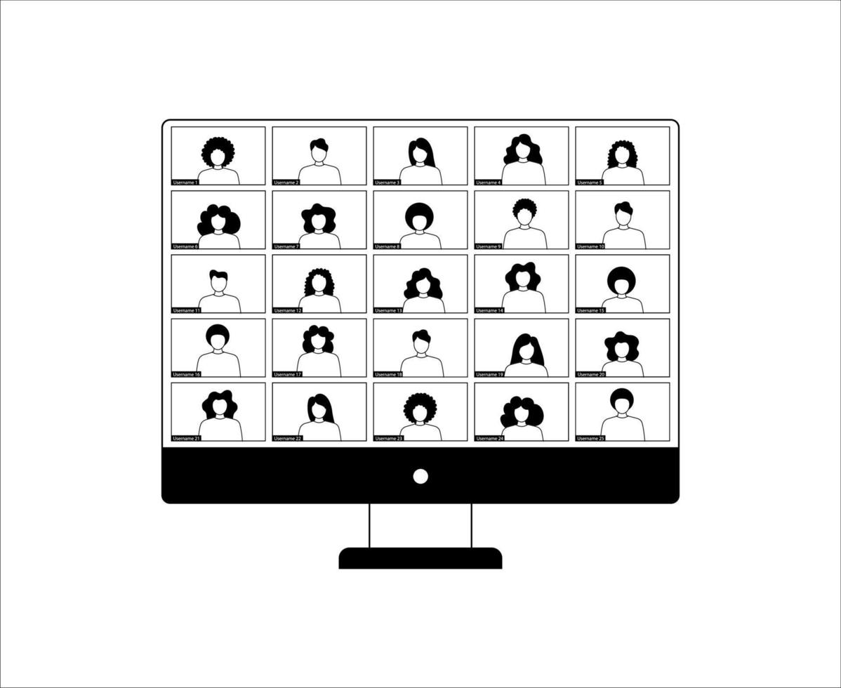 Illustration for video conferencing and meetings application on desktop. Five users. vector
