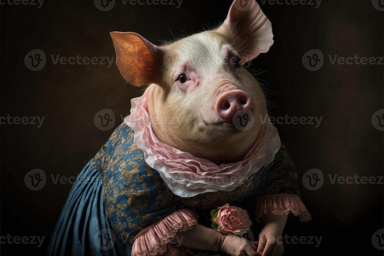 Portrait of pig in a victorian dress. photo