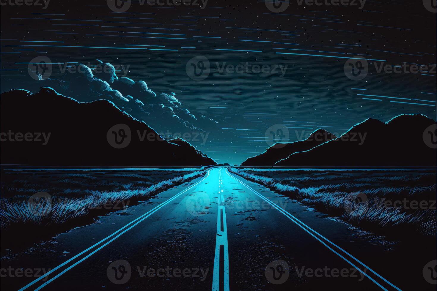 Night road illustration. Empty street at night. photo