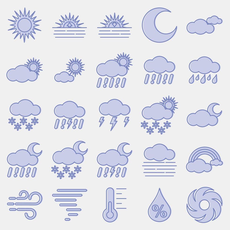 Icon set of weather. Weather elements symbol. Icons in two tone style. Good for prints, web, smartphone app, posters, infographics, logo, sign, etc. vector