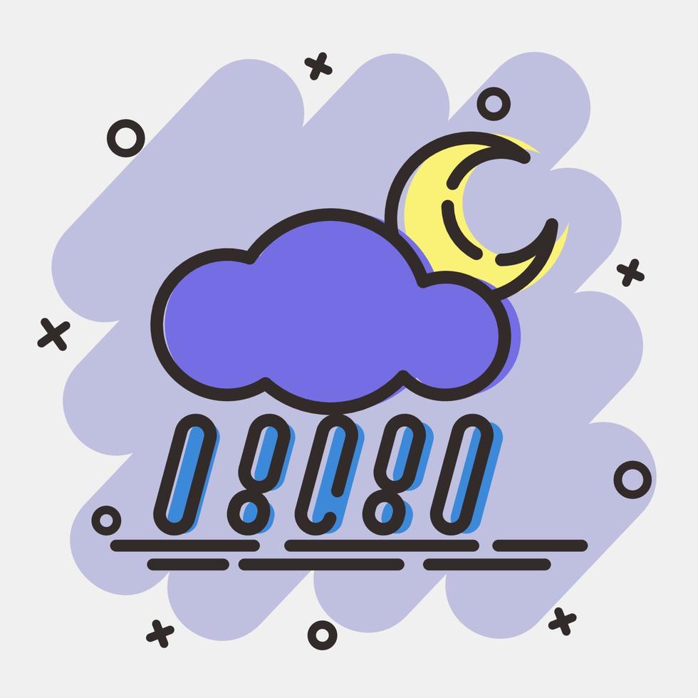 icono lluvioso noche. clima elementos símbolo. íconos en cómic estilo. bueno para huellas dactilares, web, teléfono inteligente aplicación, carteles, infografía, logo, firmar, etc. vector