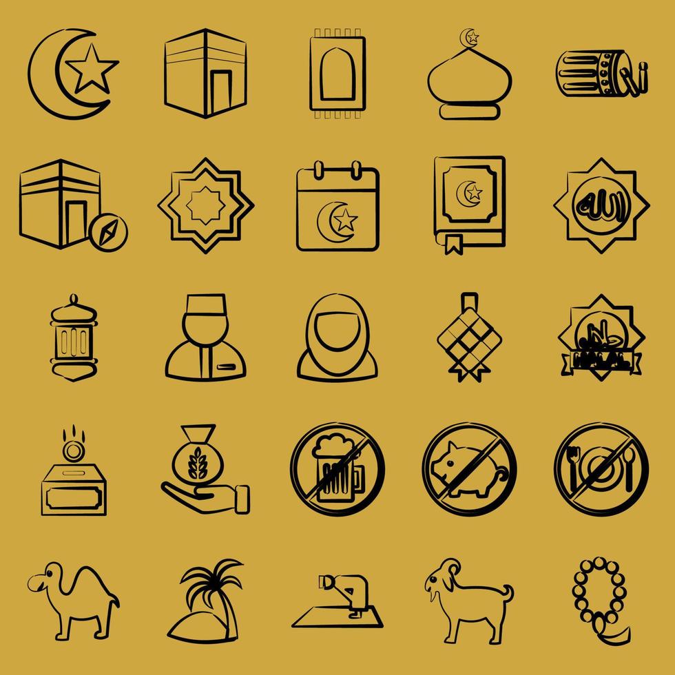 Icon set of islamic. Islamic elements of Ramadhan, Eid Al Fitr, Eid Al Adha. Icons in hand drawn style. Good for prints, posters, logo, decoration, greeting card, etc. vector