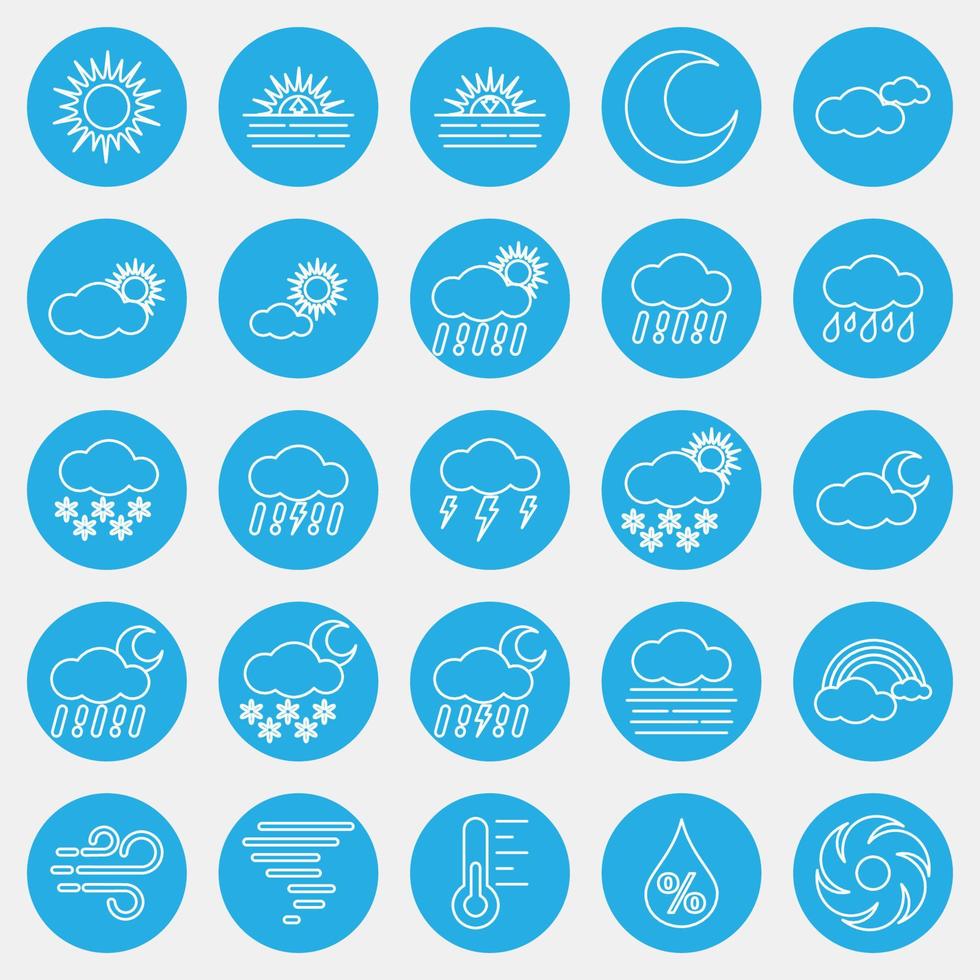 Icon set of weather. Weather elements symbol. Icons in blue round style. Good for prints, web, smartphone app, posters, infographics, logo, sign, etc. vector