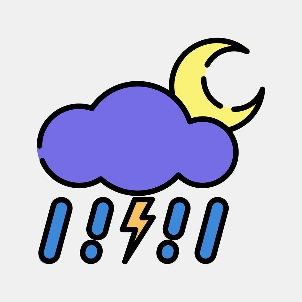 Icon thunder storm night. Weather elements symbol. Icons in filled line style. Good for prints, web, smartphone app, posters, infographics, logo, sign, etc. vector