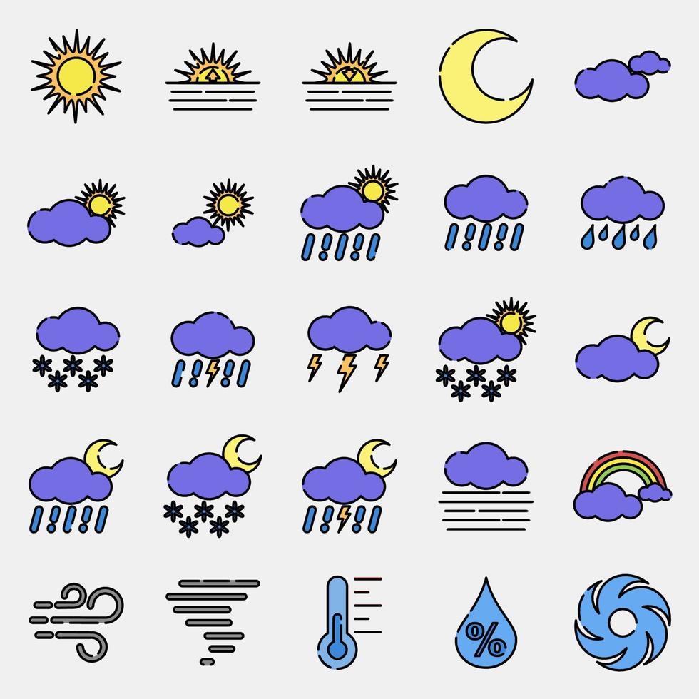 Icon set of weather. Weather elements symbol. Icons in filled line style. Good for prints, web, smartphone app, posters, infographics, logo, sign, etc. vector