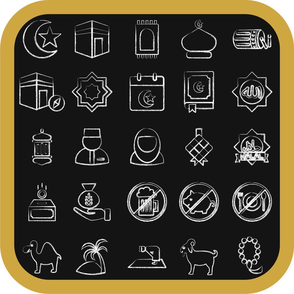 Icon set of islamic. Islamic elements of Ramadhan, Eid Al Fitr, Eid Al Adha. Icons in chalk style. Good for prints, posters, logo, decoration, greeting card, etc. vector