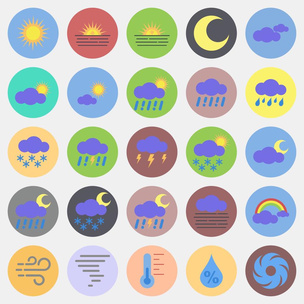 Icon set of weather. Weather elements symbol. Icons in color mate style. Good for prints, web, smartphone app, posters, infographics, logo, sign, etc. vector