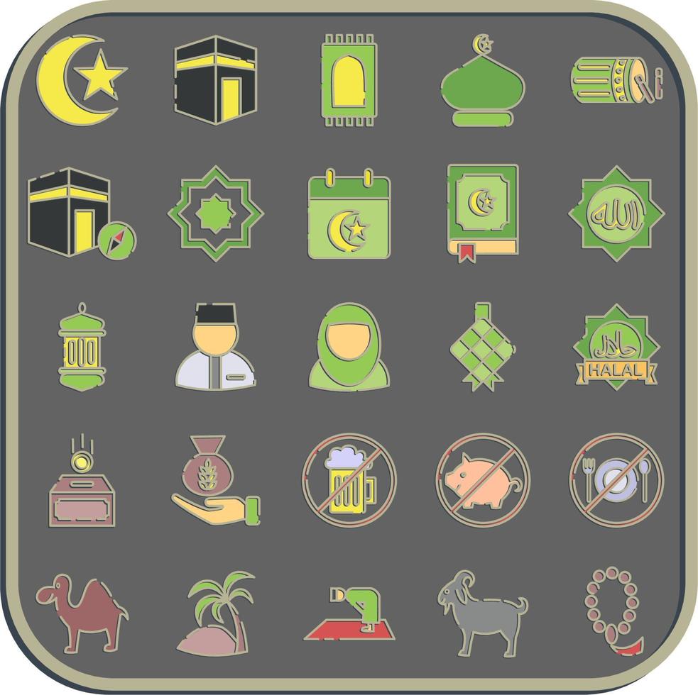 Icon set of islamic. Islamic elements of Ramadhan, Eid Al Fitr, Eid Al Adha. Icons in embossed style. Good for prints, posters, logo, decoration, greeting card, etc. vector