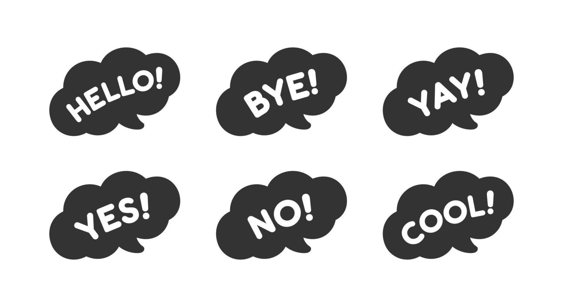 Cute speech bubble with short phrases hello, bye, yes, no, yay, cool icon set. Simple flat vector illustration.
