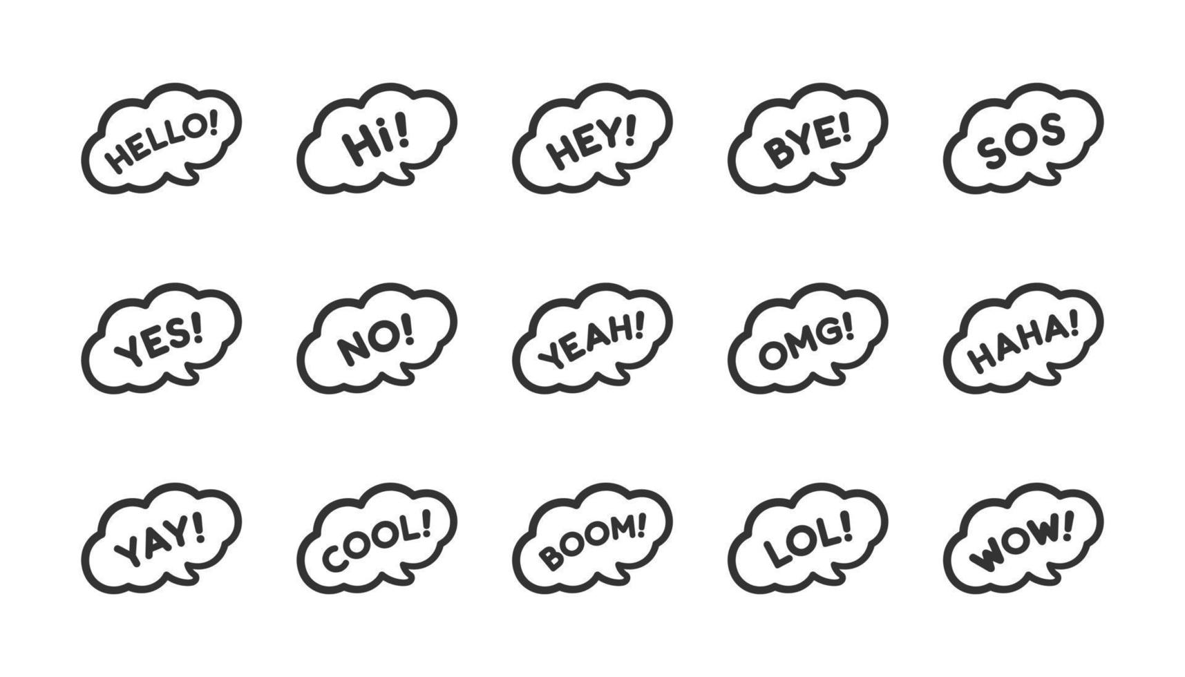 Cute speech bubble with short phrases cool, omg, wow, haha, lol online messaging icon set. Simple flat vector illustration.