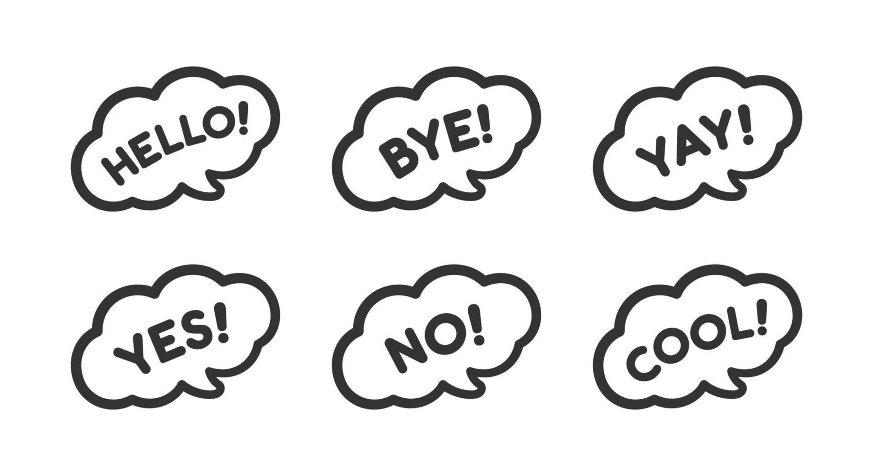 Cute speech bubble with short phrases hello, bye, yes, no, yay, cool icon set. Simple flat vector illustration.