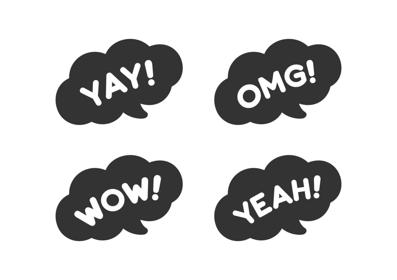 Cute speech bubble with short phrases yay, omg, wow, yeah, online messaging icon set. Simple flat vector illustration.