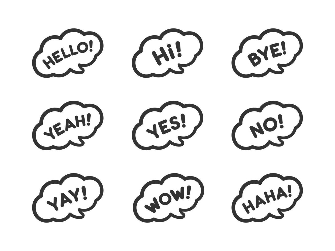 Cute speech bubble with short phrases hello, bye, yes, no, yay, cool, wow, haha icon set. Simple flat vector illustration.