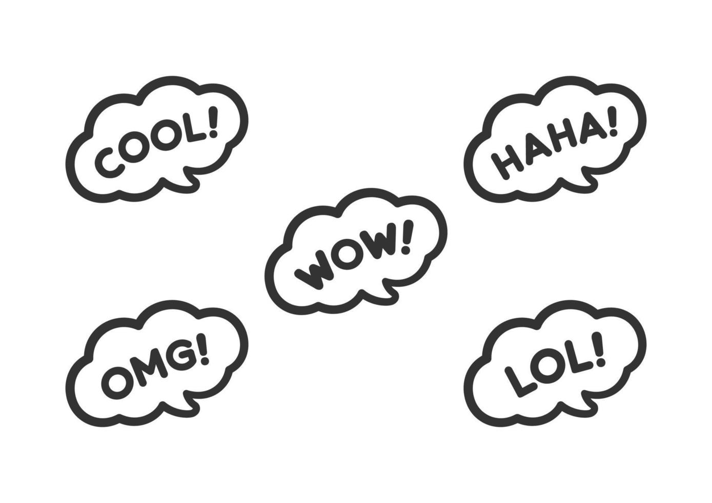 Cute speech bubble with short phrases cool, omg, wow, haha, lol online messaging icon set. Simple flat vector illustration.