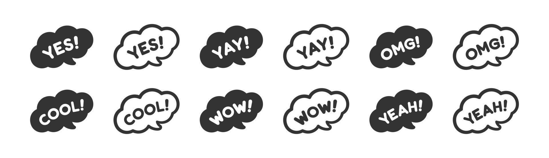 Cute speech bubble with short phrases yes, yay, omg, cool, wow, yeah, online messaging icon set. Simple flat vector illustration.