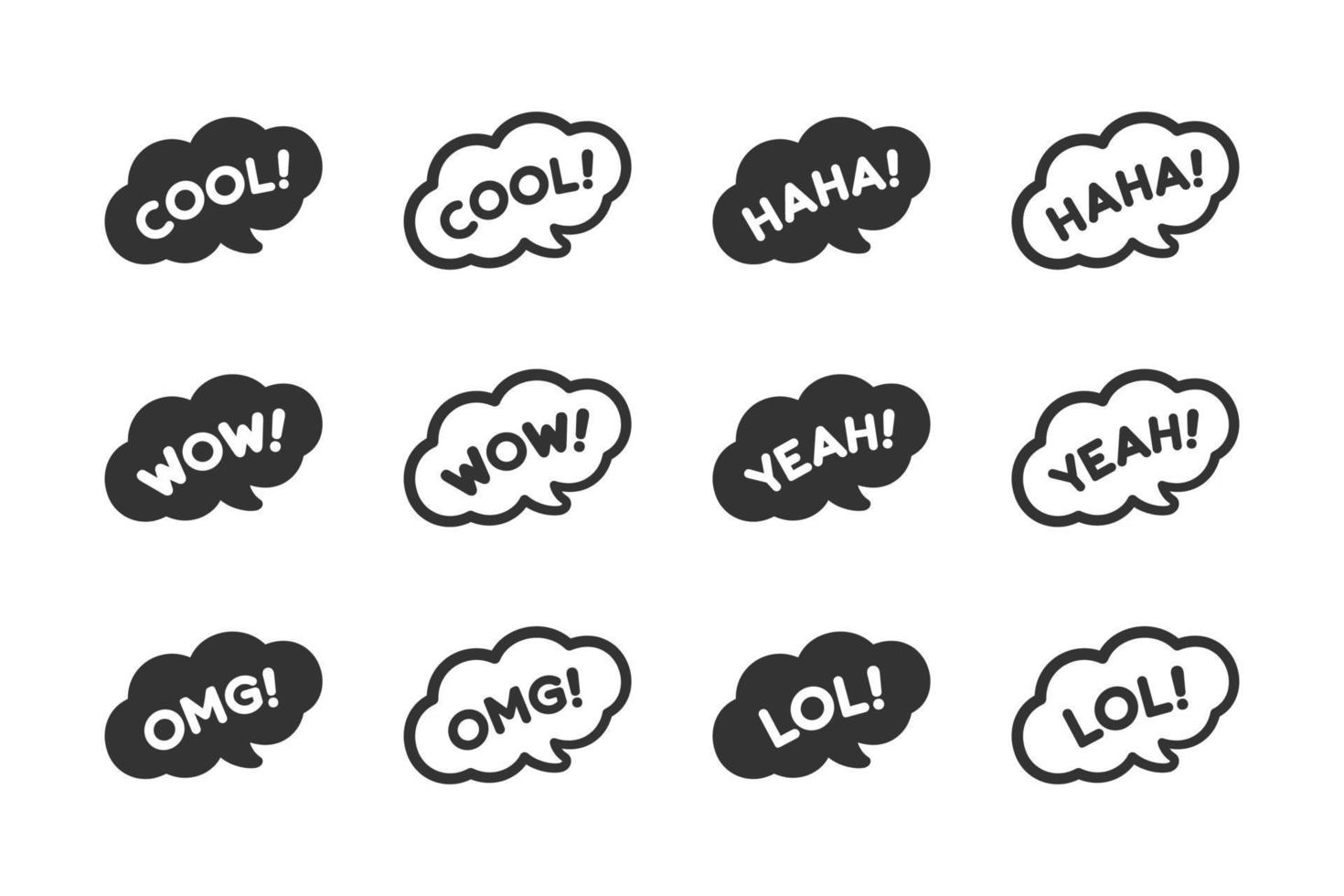 Cute speech bubble with short phrases cool, omg, wow, haha, lol online messaging icon set. Simple flat vector illustration.