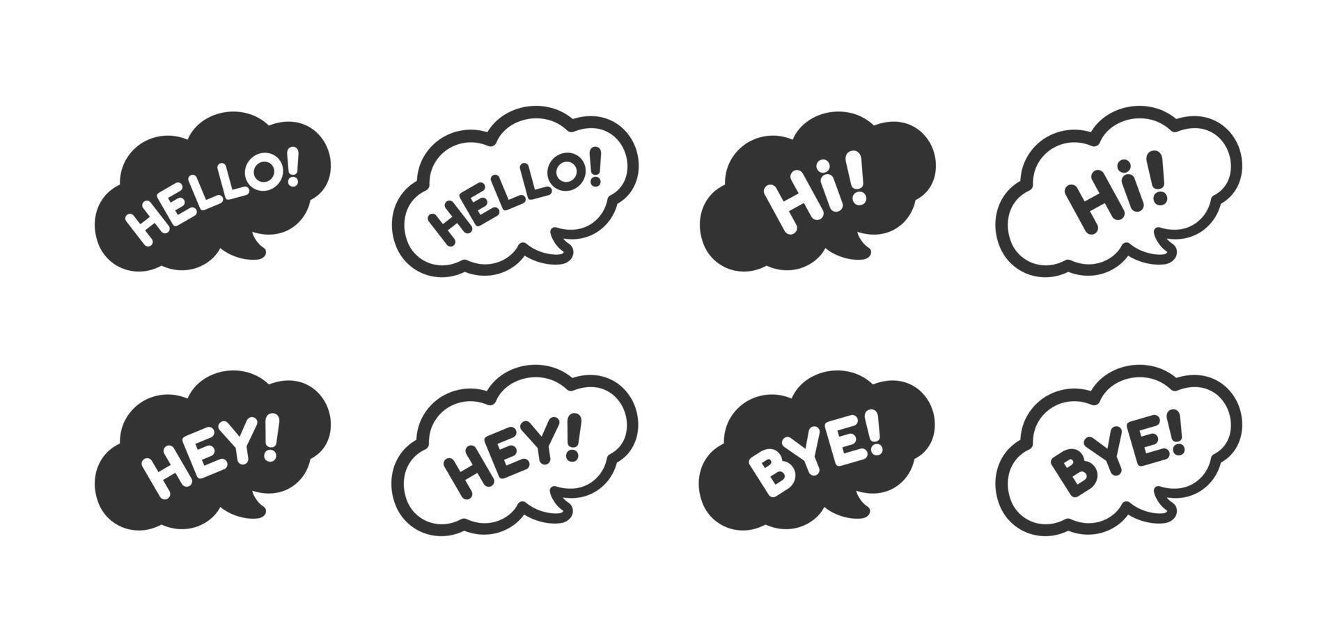 Cute Hello, hi, hey and bye greeting speech bubble icon set. Simple flat vector illustration.
