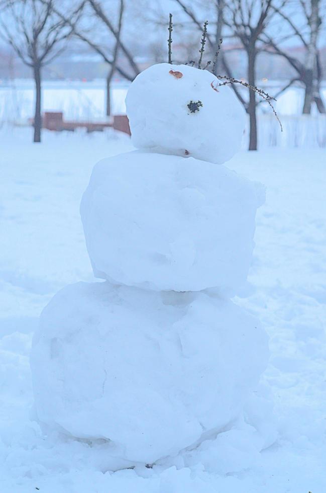 Winter snowman in the park.Vertical photo. photo