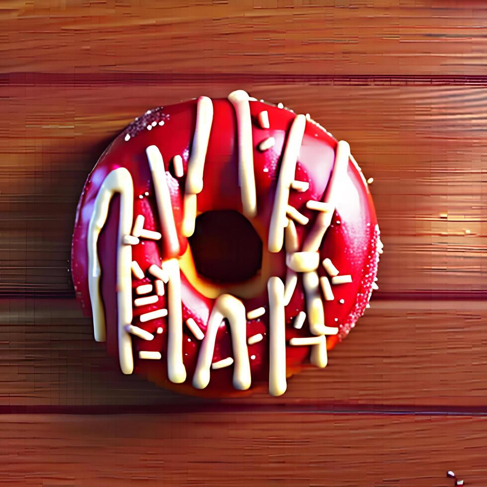 strawberry doughnut with sprinkles and cream on a wooden background.. photo