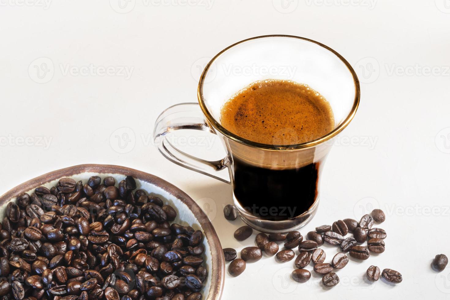 Espresso coffee morning homemade on white wood table. photo