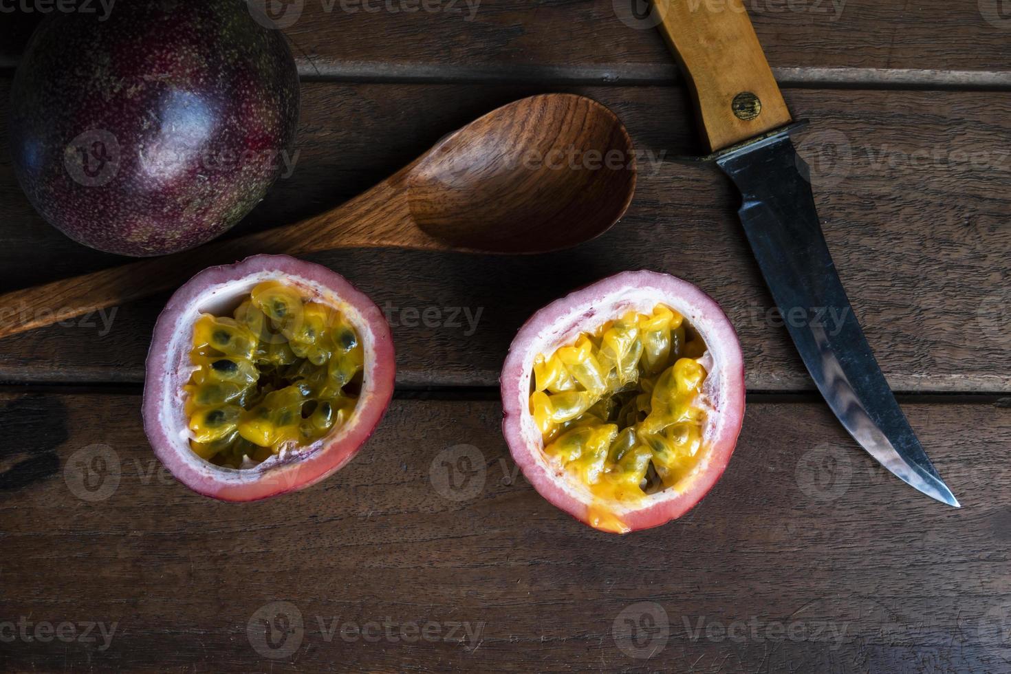 Vegetarian healthy food passion fruit on wood table close up. photo