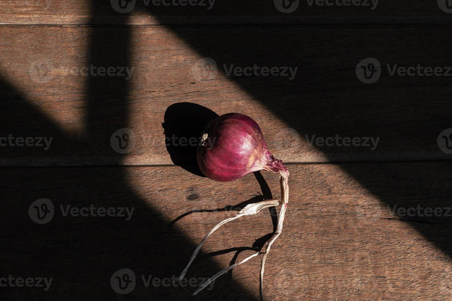 Shallot or red onion on dark wood table top view close up. photo