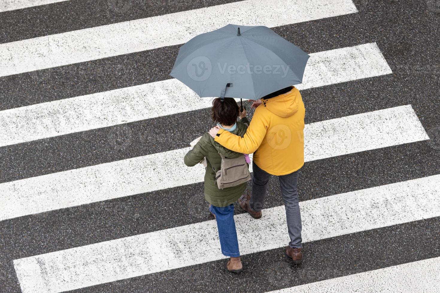 Scene of a couple walking together with an umbrella on a city zebra crossing on a rainy day photo