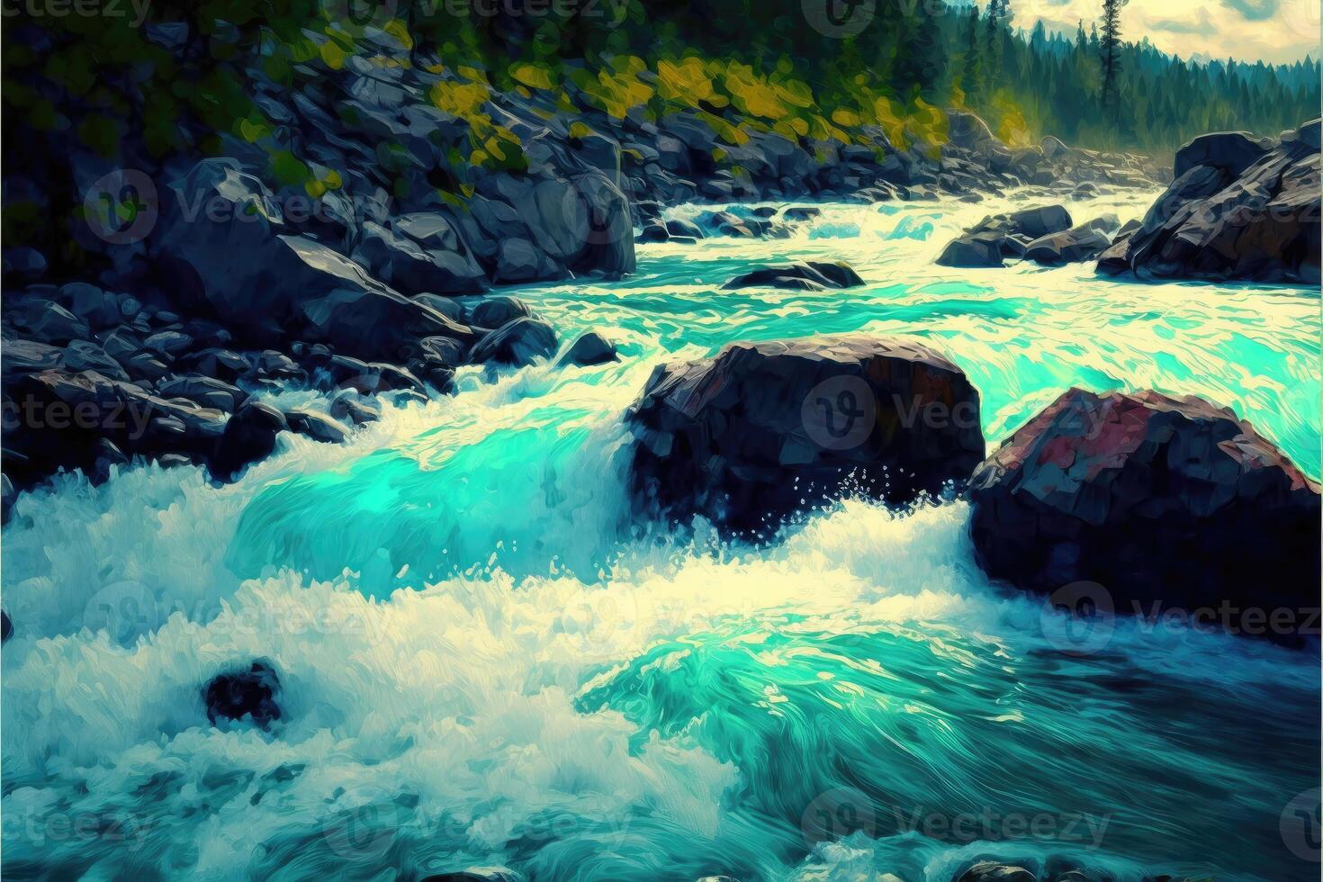 ai generado efusivo río rápidos. cascadas ese fluir rápidamente a lo largo el rocas foto