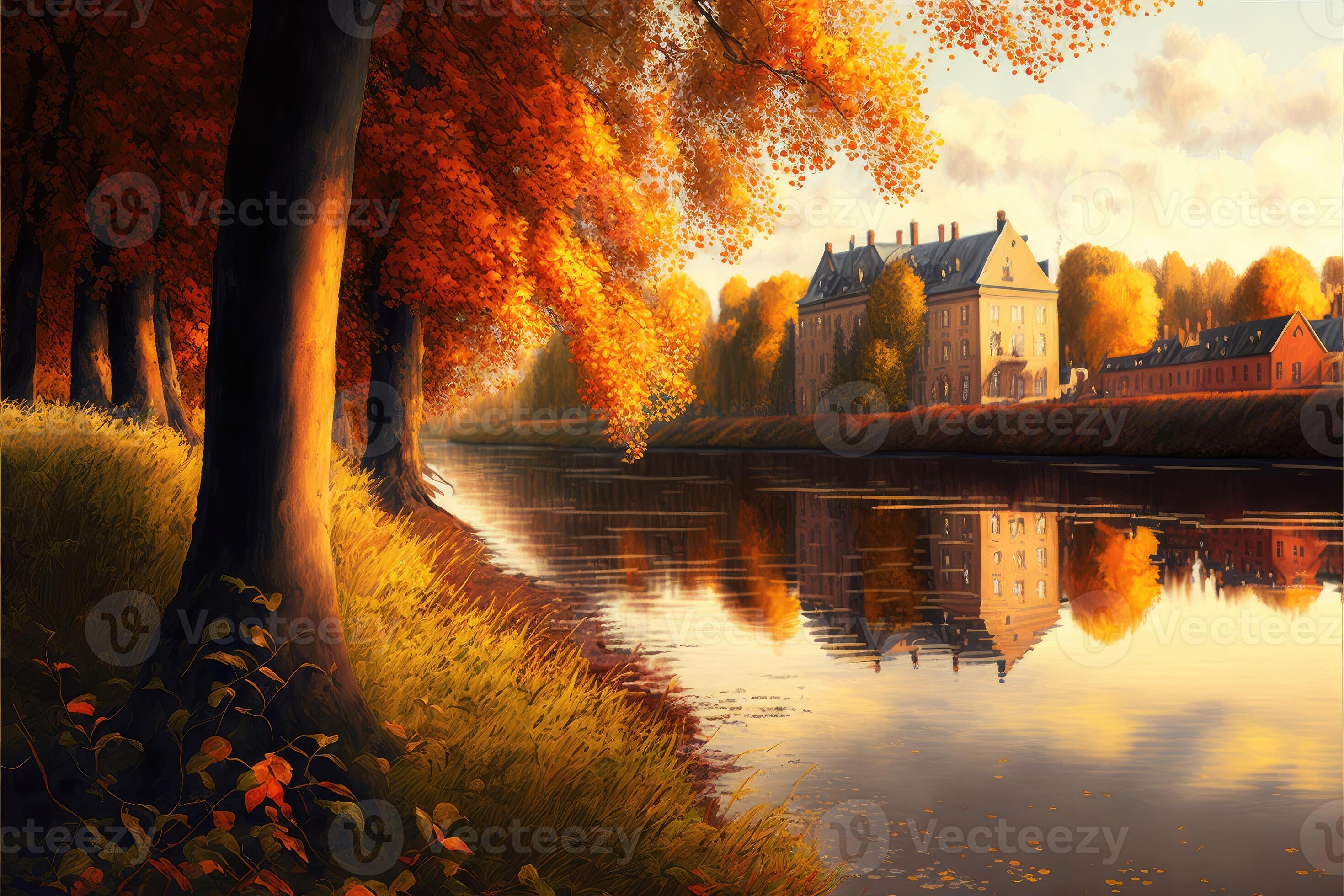Riverside in autumn abstract background. AI Generated 21830028 Stock