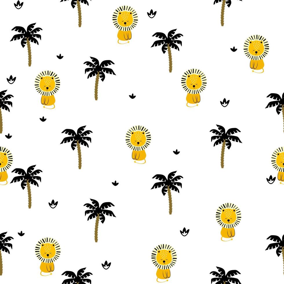 Seamless pattern with funny lion and palmss. Childish background. Vector cute animal background