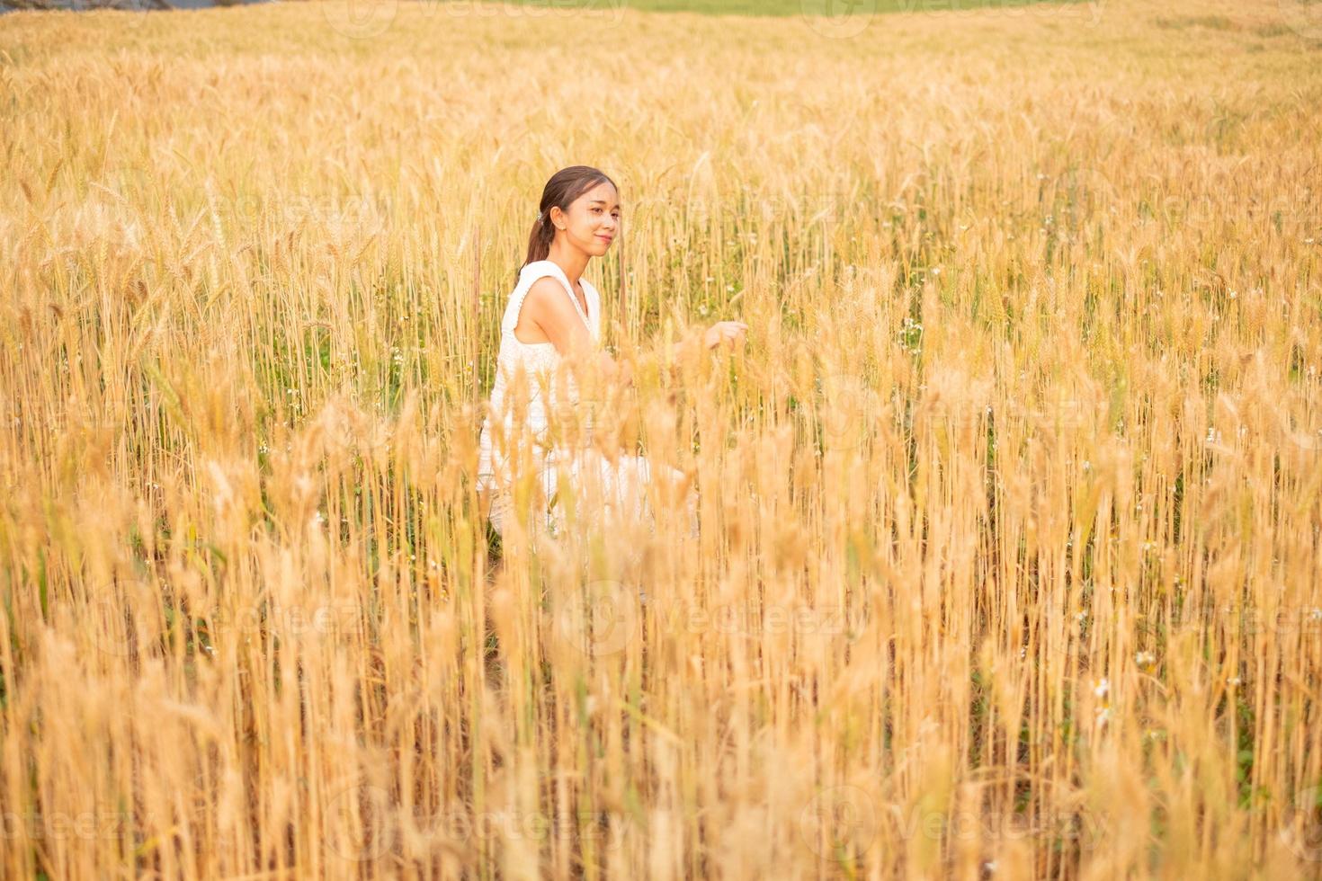 joven asiático mujer en blanco vestidos en el cebada arroz campo foto