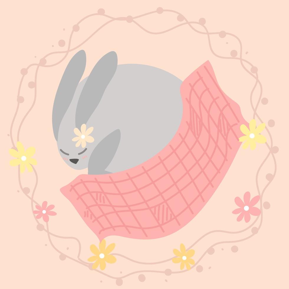 Sleeping Bunny. Simple Hand Drawn Print with Cute White Rabbit Under a Pink Blanket. Lovely Vector Art with Funny Bunny Dreaming About Carrot. Crayon Drawing Style Nursery Art ideal for Card, Poster