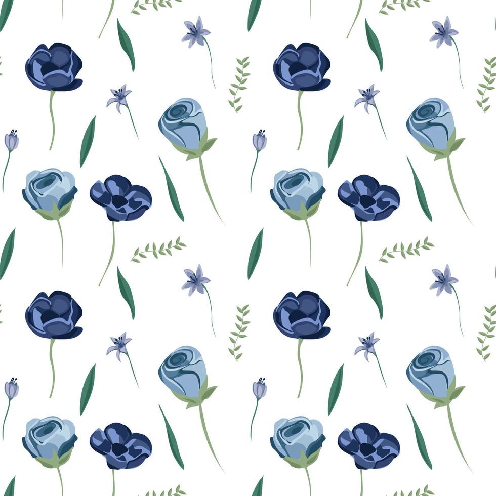 Elegant gentle trendy pattern in small-scale flower. Millefleurs. Liberty style. Floral seamless on blue background for textile, mens wear, cotton fabric, covers, wallpapers, print, vector