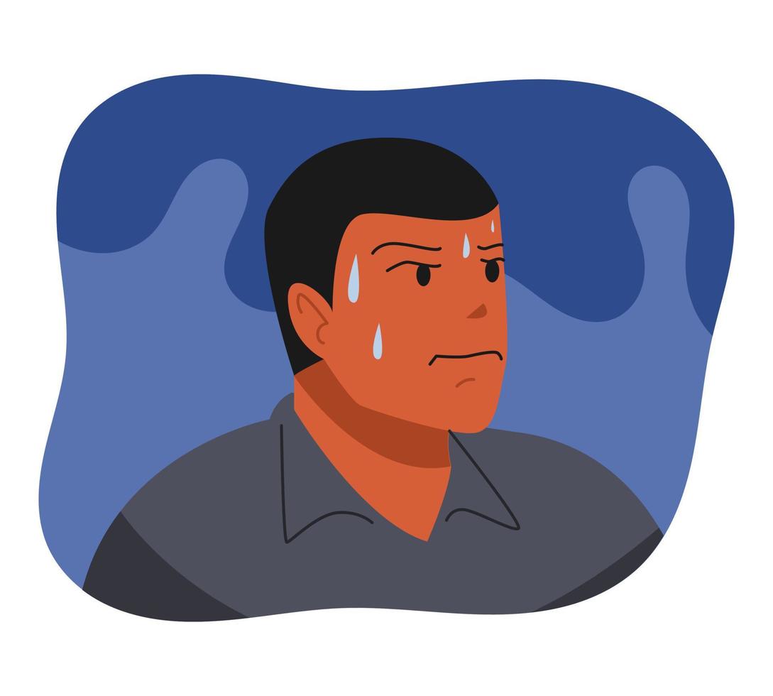 close up of male character sweating on face. concept of panic, anxious, tired. flat vector illustration.