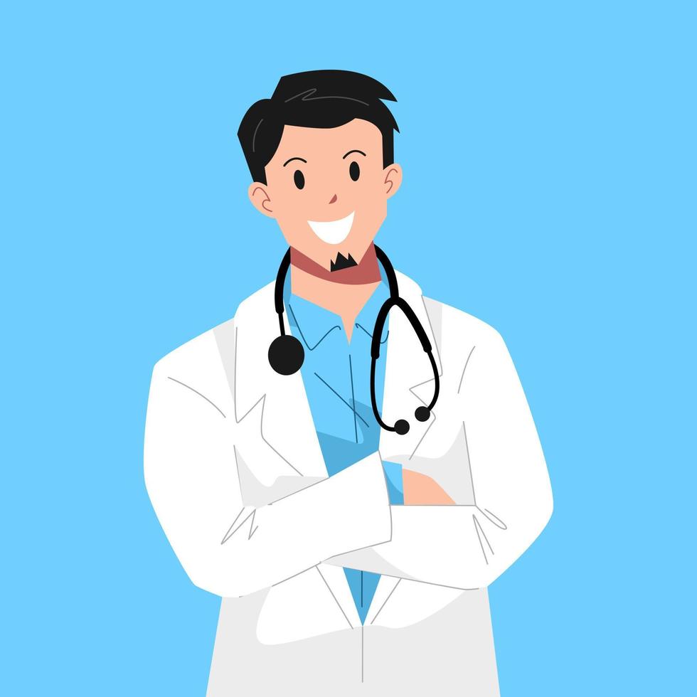 masculino hermoso médico plano personaje retrato. medio cuerpo. vistiendo un estetoscopio alrededor el cuello, laboratorio abrigo. azul antecedentes. plano vector ilustración.