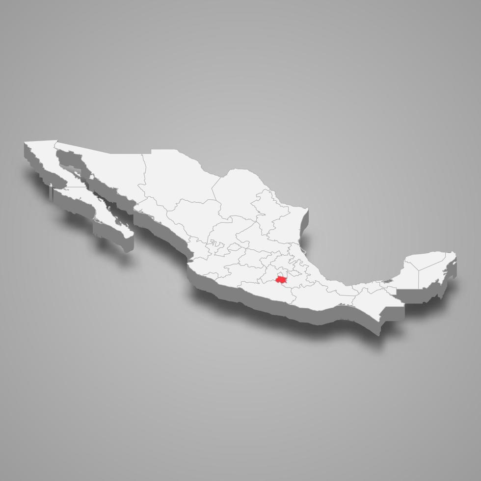 Morelos region location within Mexico 3d map vector