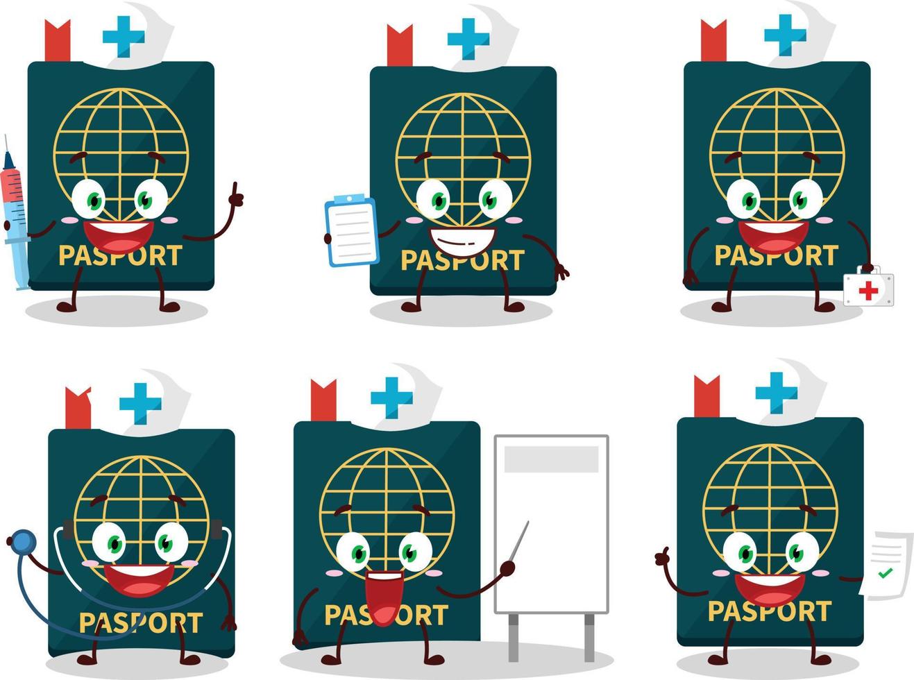 médico profesión emoticon con pasaporte dibujos animados personaje vector