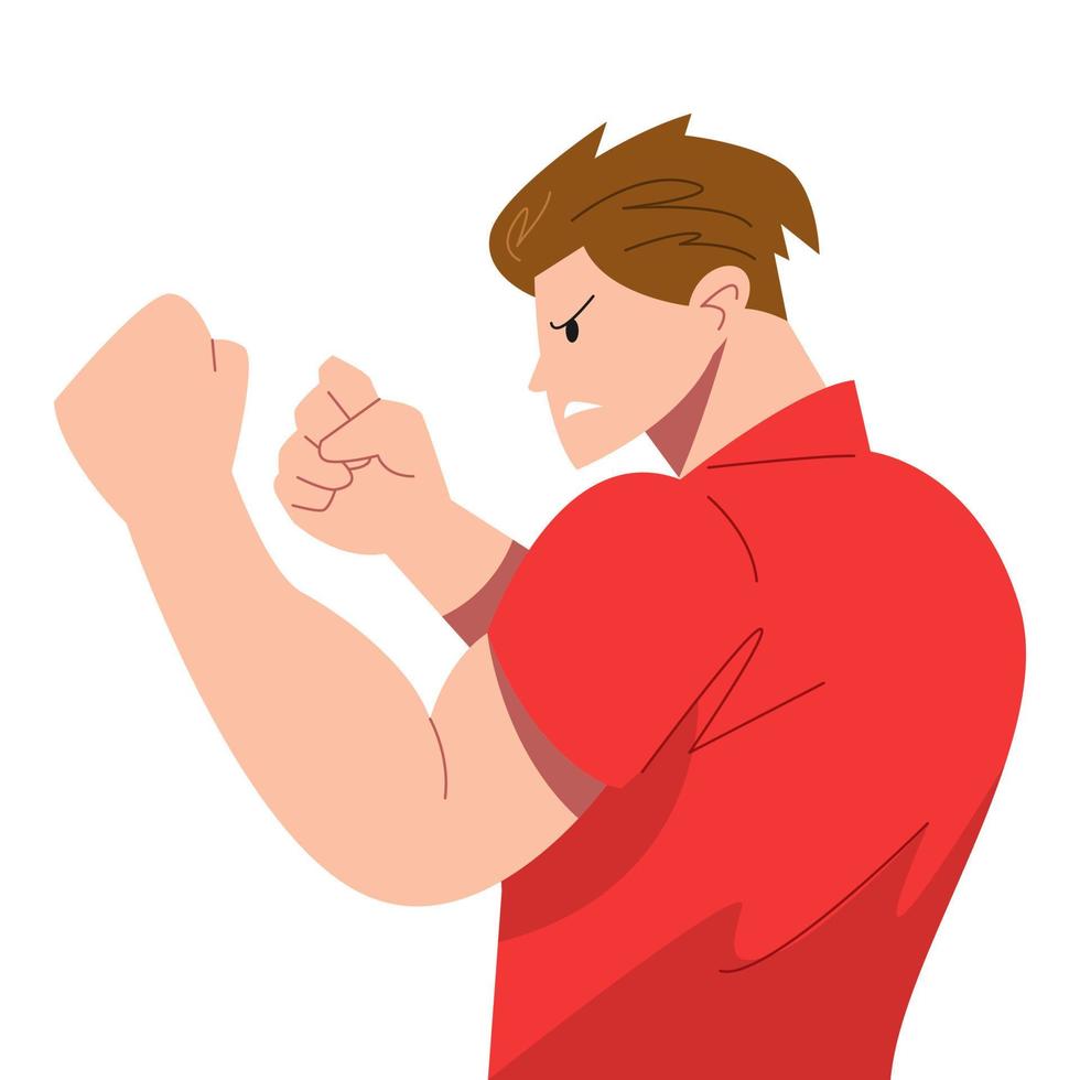 male character clenching fist. fighting pose muscle man side view. The concept of fighting, angry, annoyed, etc. flat vector illustration.