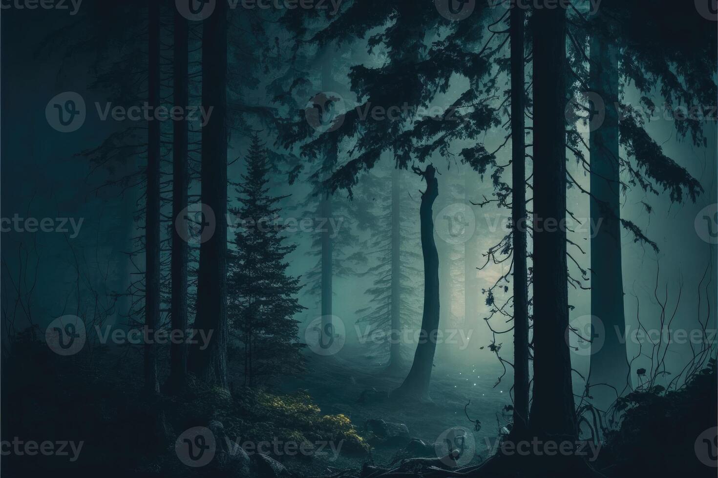 Enigmatic foggy forest at night. photo