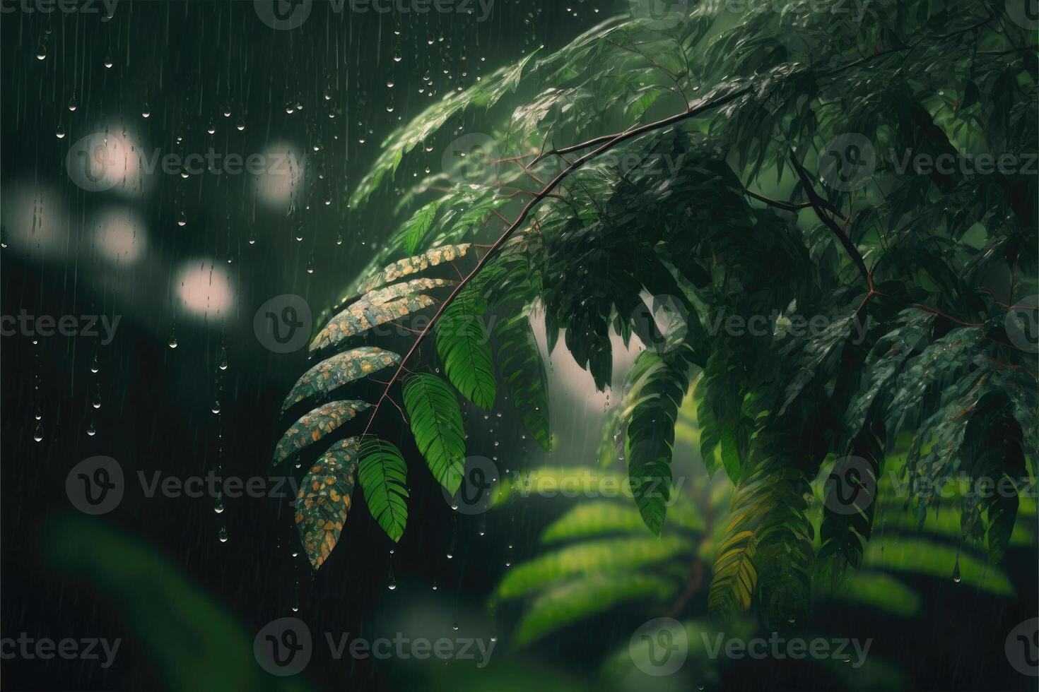 Rain on a leafy forest. Rain forest with abundant rainfall. photo