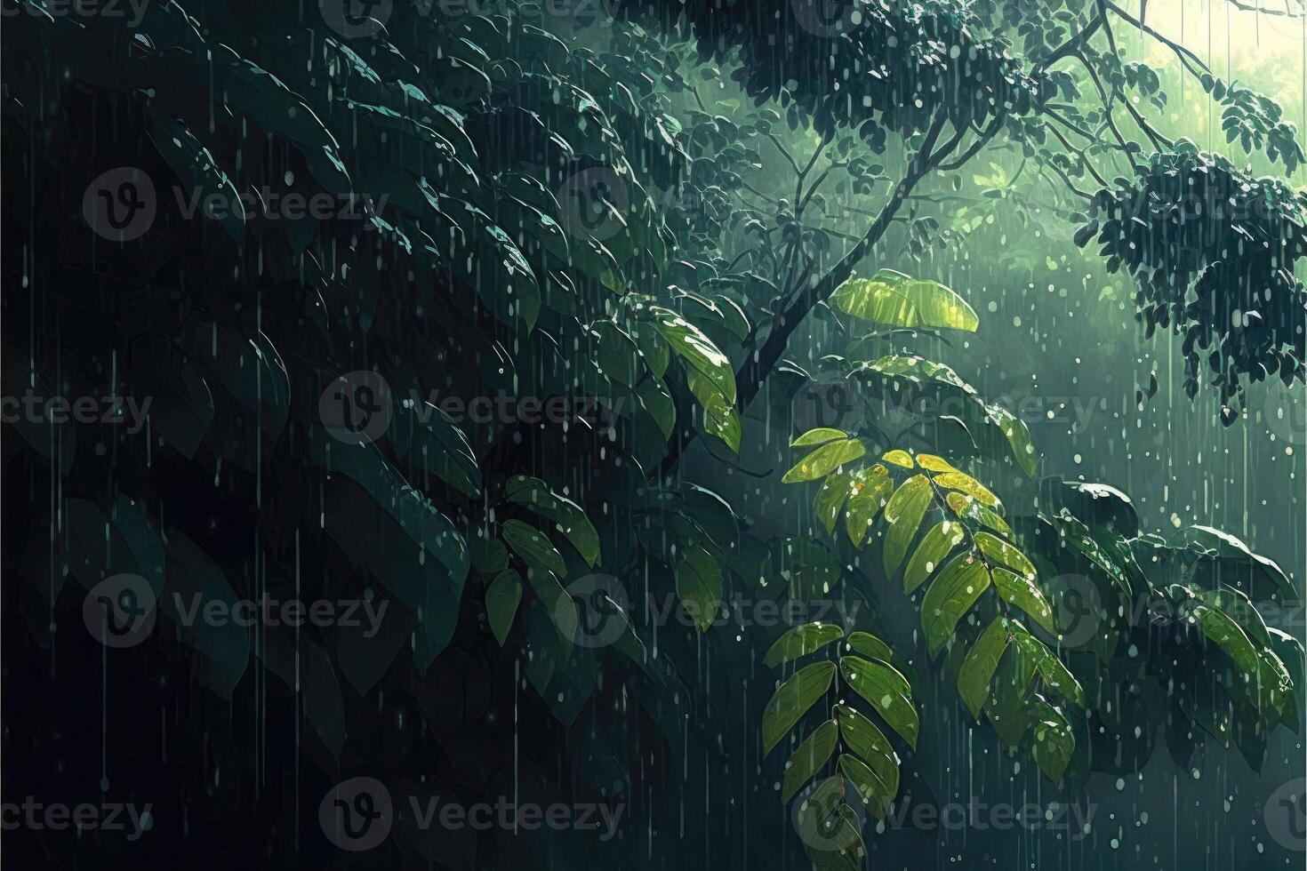 Rain on a leafy forest. Rain forest with abundant rainfall. photo