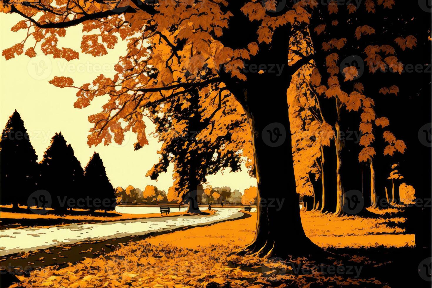 ai generado otoño hojas en el parque resumen antecedentes. otoño parque ruta a puesta de sol. foto