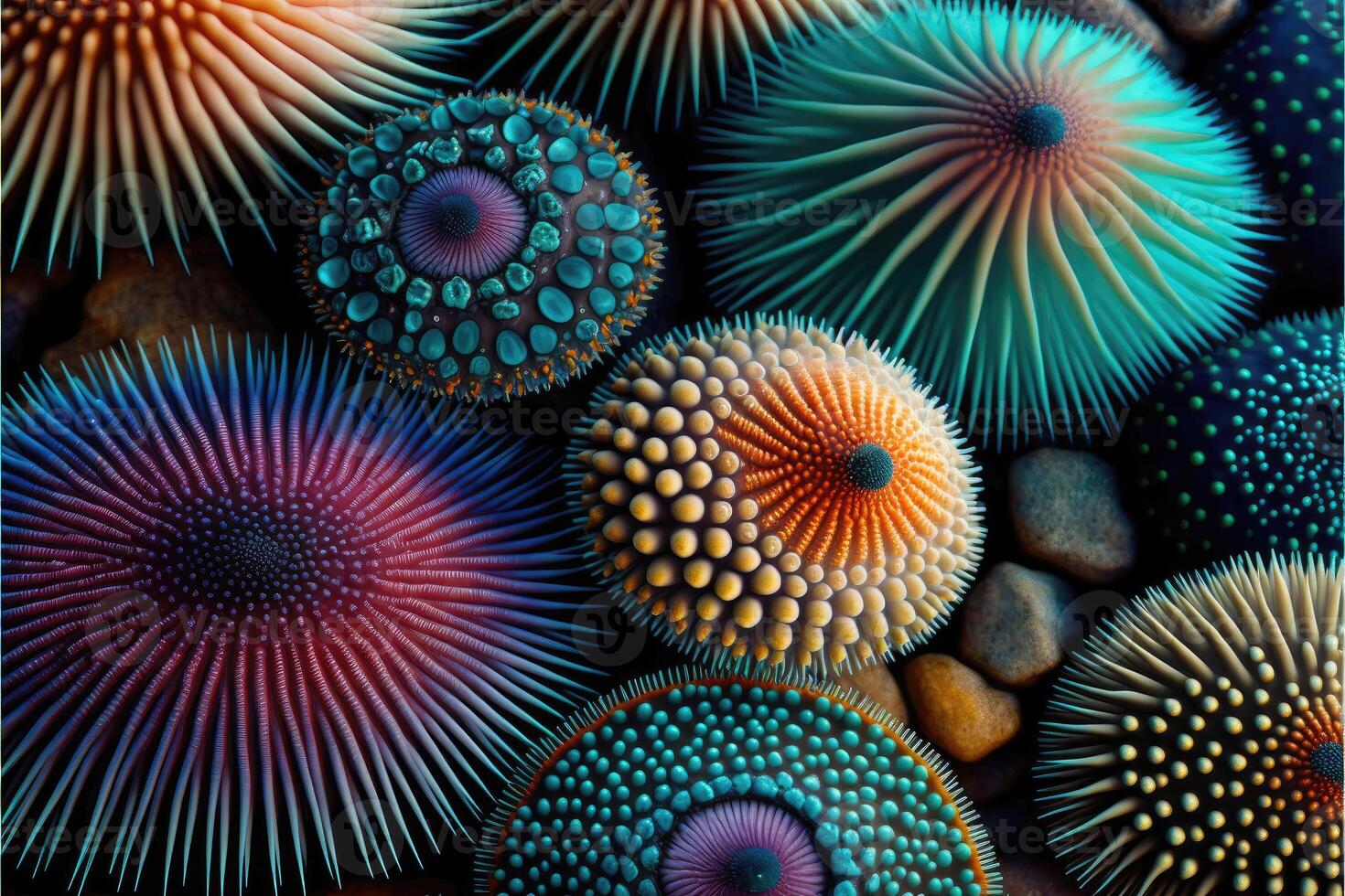 The spiky and colorful sea urchins of the ocean. photo
