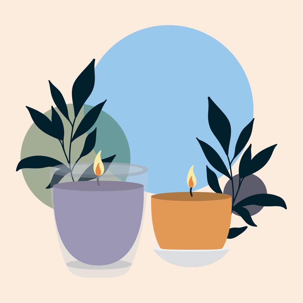 grupo de velas para amoraterapia y hojas vector ilustración