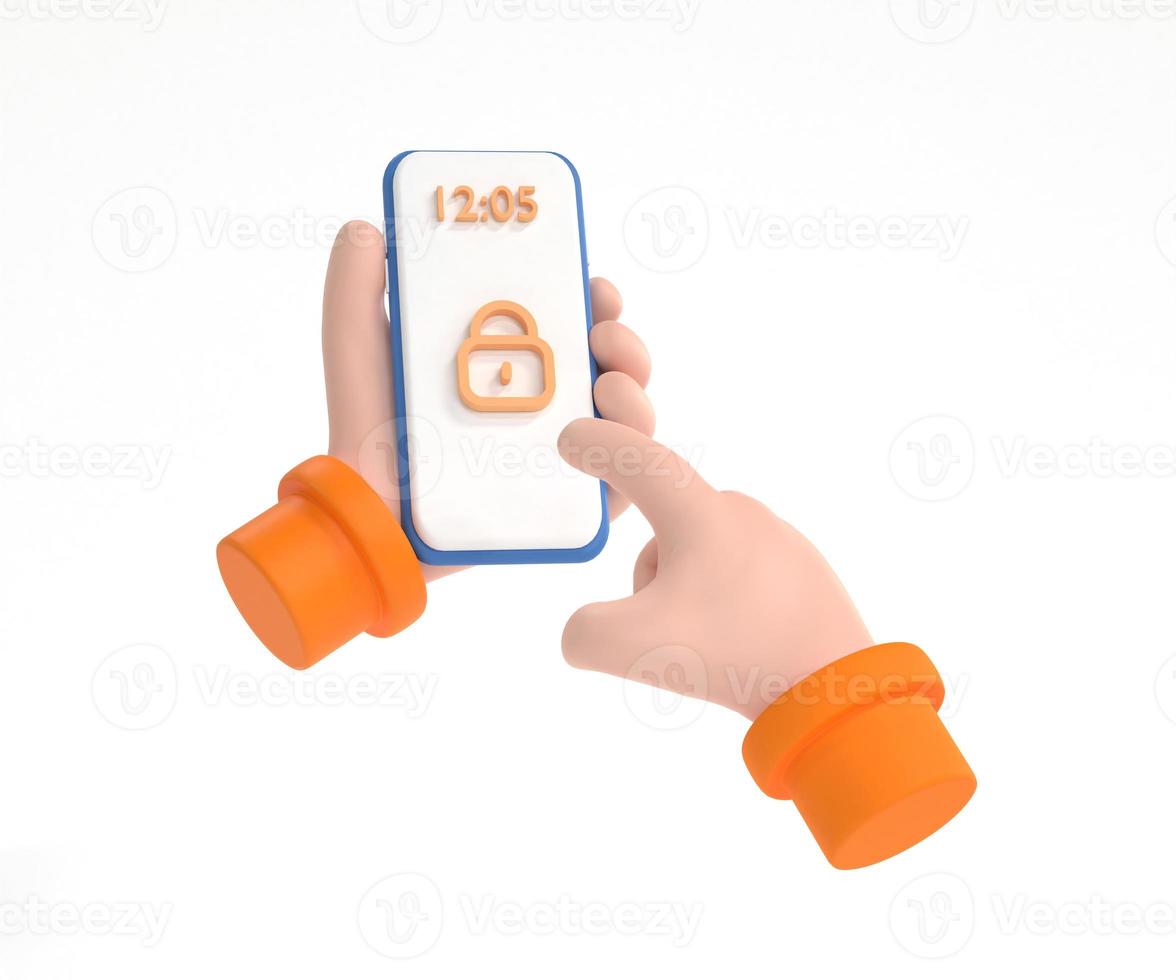 Smartphone lock screen. Hand hold smartphone with master key, finger touch touchscreen, security concept. photo