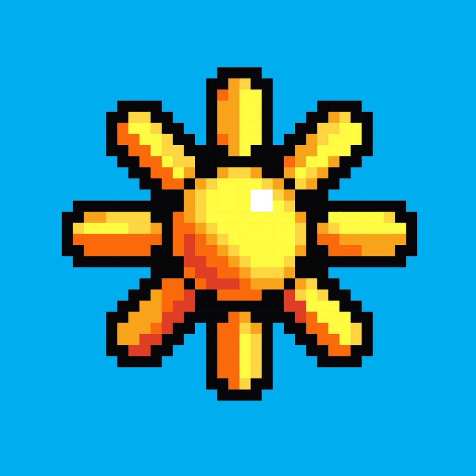Sun pixel art icon. Yellow pixelated sun design for logo, web, mobile app, badges and patches. Video game sprite. 8-bit. Isolated vector illustration.