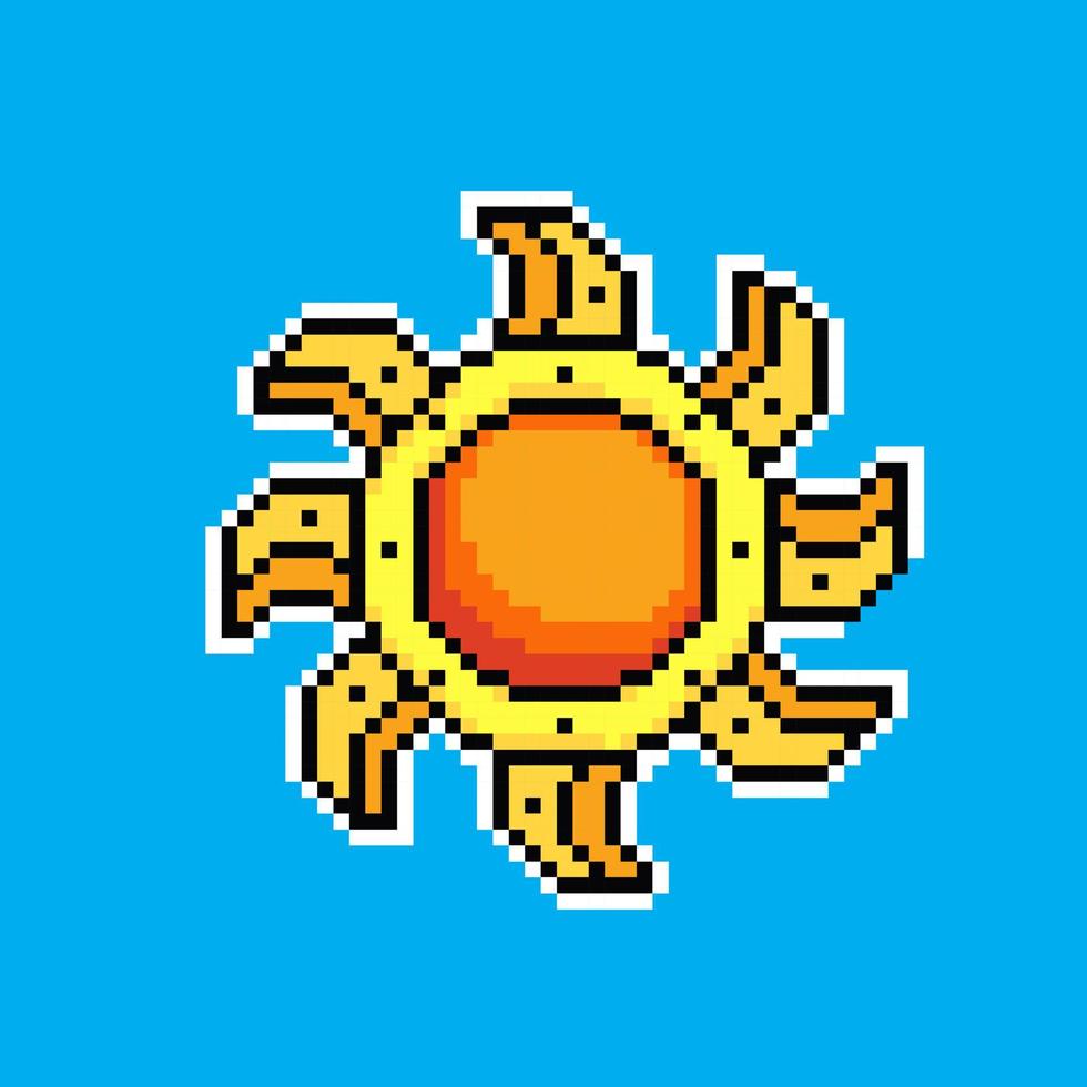 Sun pixel art icon. Yellow pixelated sun design for logo, web, mobile app, badges and patches. Video game sprite. 8-bit. Isolated vector illustration.