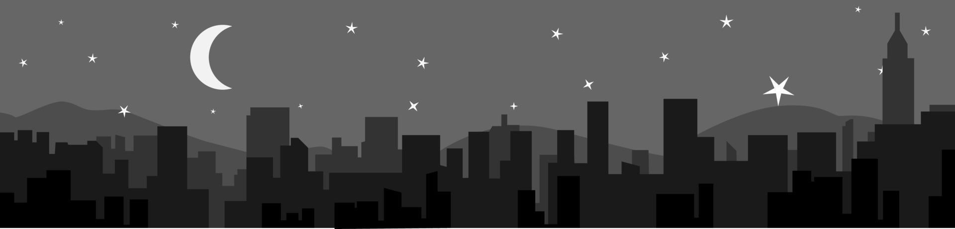 ciudad paisaje a noche. siluetas de rascacielos, urbano edificios, creciente Luna y estrellas. vector ilustración.