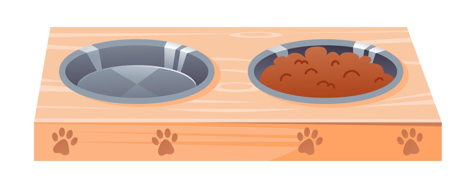 mascota comida bol. un cuenco para perros y gatos estar y dos inoxidable mascota bochas. acero bochas en pararse. dibujos animados vector ilustración