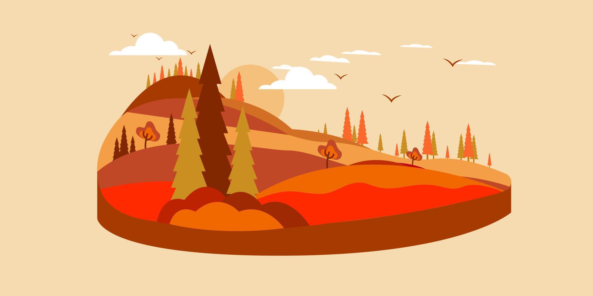 Autumn landscape.Panoramic of countryside landscape.Cartoon yellow orange fall tree and autumnal garden bush icon with fall season gold leaves for city park and forest. vector
